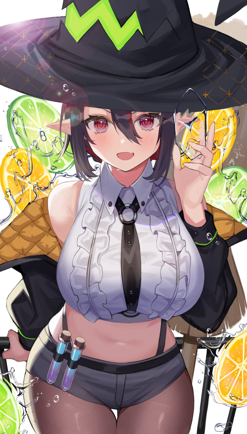 1girl :d absurdres amahara_subaru bangs black_hair black_headwear black_jacket black_neckwear black_shorts blush breasts brown_legwear collared_shirt commentary cowboy_shot crop_top fang food fruit hair_between_eyes hat highres holding ice ice_cube jacket large_breasts legwear_under_shorts lemon lemon_slice looking_at_viewer midriff multicolored_hair navel necktie off_shoulder open_clothes open_jacket open_mouth original pantyhose railing red_eyes red_hair shirt short_hair short_shorts shorts skin_fang sleeveless sleeveless_shirt smile solo standing streaked_hair symbol_commentary test_tube thigh_gap white_shirt witch_hat