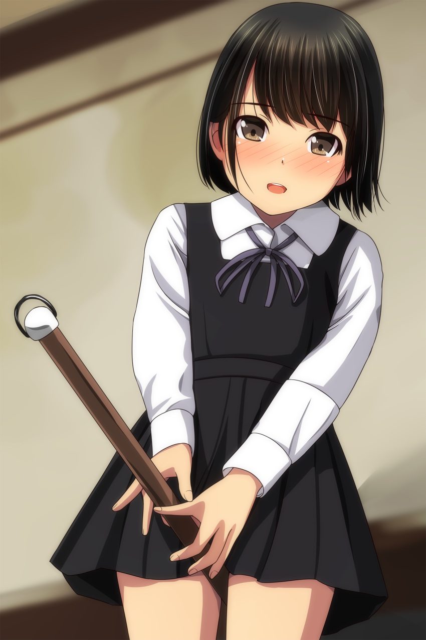 1girl :d absurdres bangs between_legs black_dress black_hair blurry blurry_background blush brown_eyes collared_shirt cowboy_shot depth_of_field dress dress_shirt eyebrows_visible_through_hair highres looking_at_viewer matsunaga_kouyou neck_ribbon nose_blush open_mouth original pinafore_dress pleated_dress purple_ribbon ribbon school_uniform shirt sleeveless sleeveless_dress smile solo upper_teeth white_shirt