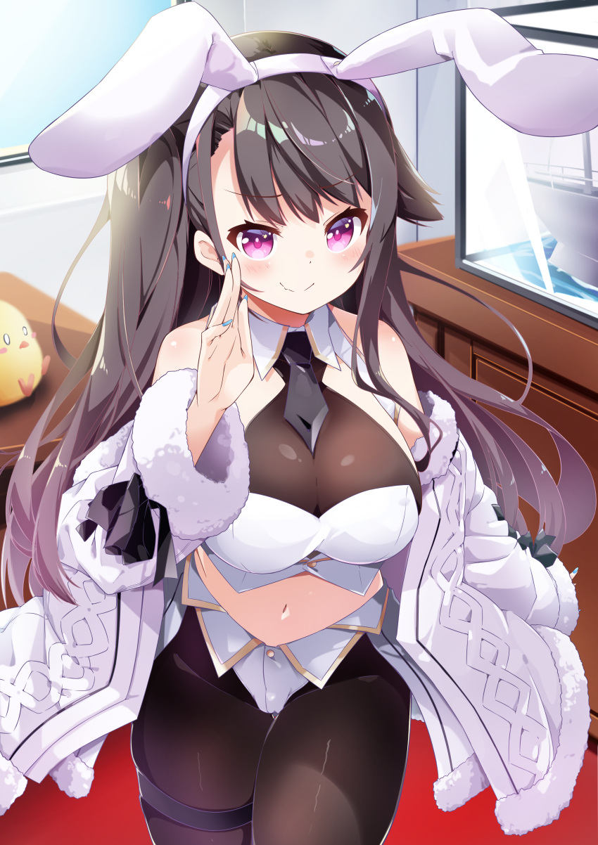 1girl absurdres adapted_costume animal_ears azur_lane bandeau bangs bare_shoulders black_hair blue_nails blush breasts carpet chest_of_drawers cleavage closed_mouth collar commentary_request desk detached_collar eyebrows eyebrows_visible_through_hair fake_animal_ears fang fur-trimmed_jacket fur-trimmed_sleeves fur_trim hand_on_own_cheek hand_on_own_face head_tilt highres indoors jacket large_breasts leer.meer leotard long_hair long_sleeves looking_at_viewer manjuu_(azur_lane) model_ship nail_polish navel necktie off_shoulder on_desk pamiat_merkuria_(azur_lane) pantyhose pink_eyes playboy_bunny red_carpet sidelocks sitting sitting_on_desk skin_fang skindentation smile solo standing thigh_strap very_long_hair white_bandeau white_jacket window