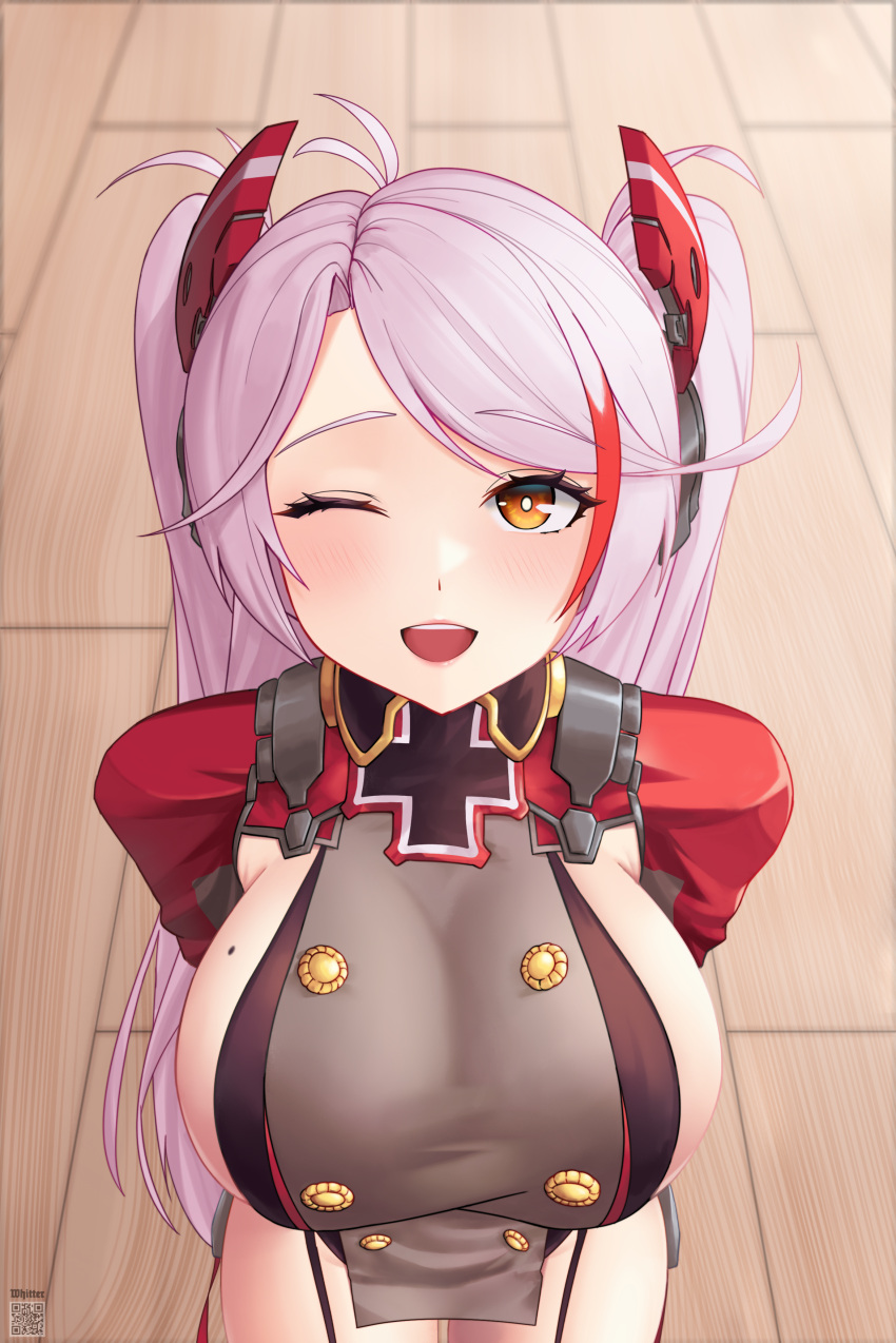 1girl ;d absurdres azur_lane breasts buttons closed_eyes commentary double-breasted english_commentary eyebrows_visible_through_hair highres large_breasts looking_at_viewer mole mole_on_breast multicolored_hair one_eye_closed open_mouth prinz_eugen_(azur_lane) red_hair sideboob smile upper_body white_hair whitter