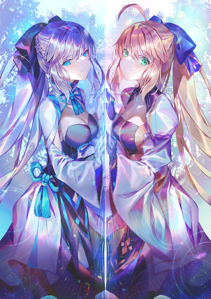 2girls ahoge artoria_pendragon_(all) artoria_pendragon_(caster)_(fate) bangs black_bow black_dress blonde_hair blue_eyes blush bow braid breasts center_opening cleavage dress emoillu fate/grand_order fate_(series) french_braid green_eyes grey_hair hair_bow highres large_breasts long_hair long_sleeves looking_at_viewer medium_breasts morgan_le_fay_(fate) multiple_girls pelvic_curtain ponytail sidelocks smile thighs two-tone_dress very_long_hair white_dress wide_sleeves