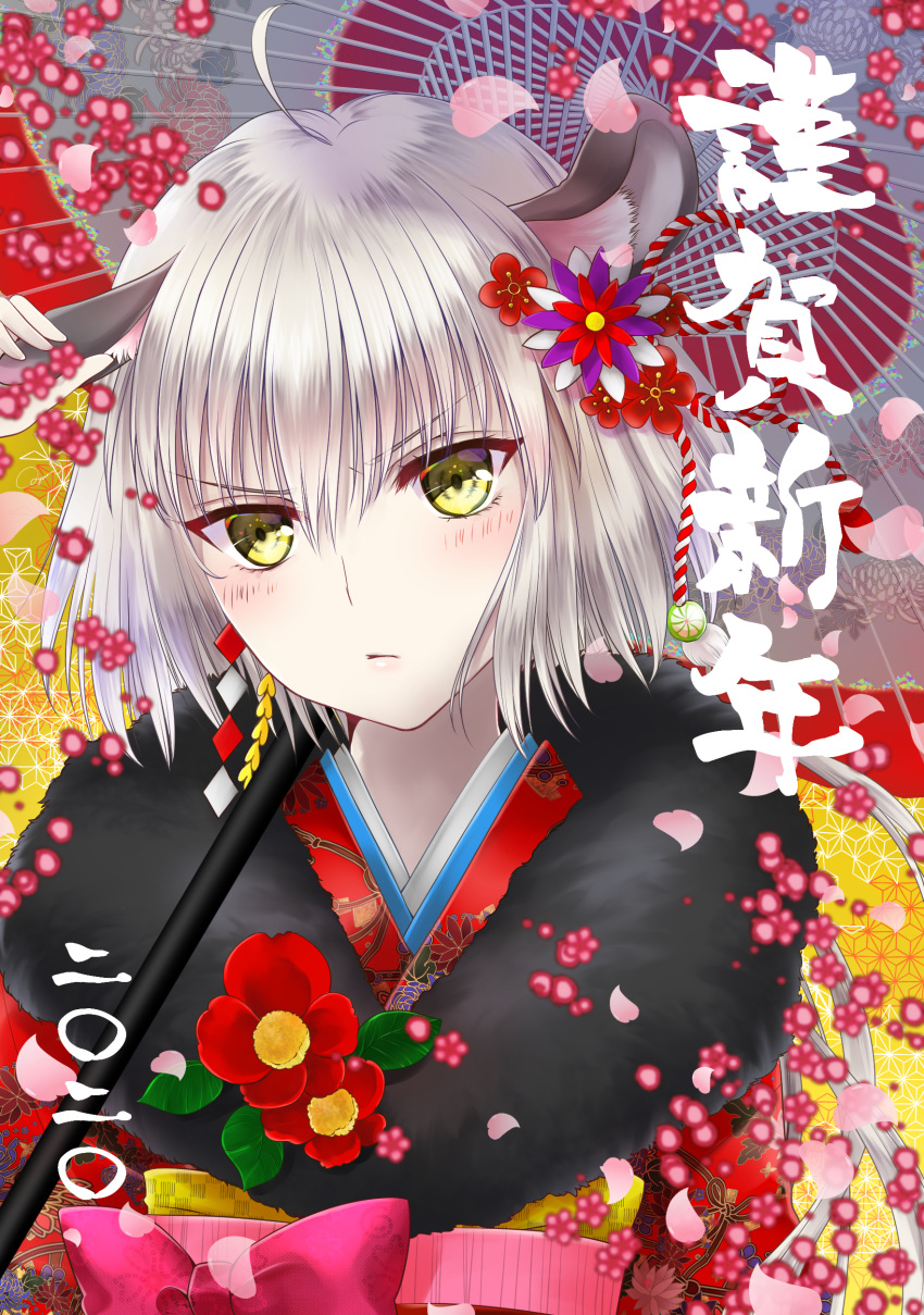 1girl absurdres ahoge animal_ears ayamu_(igakato) bangs blush bow cow_ears eyebrows_visible_through_hair fate/grand_order fate_(series) flower fur_collar fur_trim happy_new_year highres jeanne_d'arc_(alter)_(fate) jeanne_d'arc_(fate)_(all) kemonomimi_mode new_year parasol plum_blossoms short_hair silver_hair solo touching_ears umbrella upper_body yellow_eyes