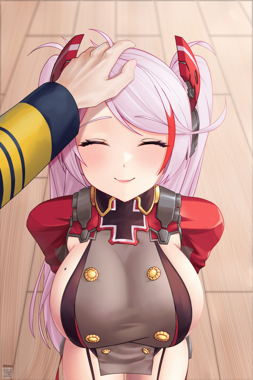 1girl ^_^ absurdres azur_lane breasts buttons closed_eyes commander_(azur_lane) commentary double-breasted english_commentary eyebrows_visible_through_hair headpat highres large_breasts looking_at_viewer mole mole_on_breast multicolored_hair pov prinz_eugen_(azur_lane) red_hair sideboob smile upper_body white_hair whitter