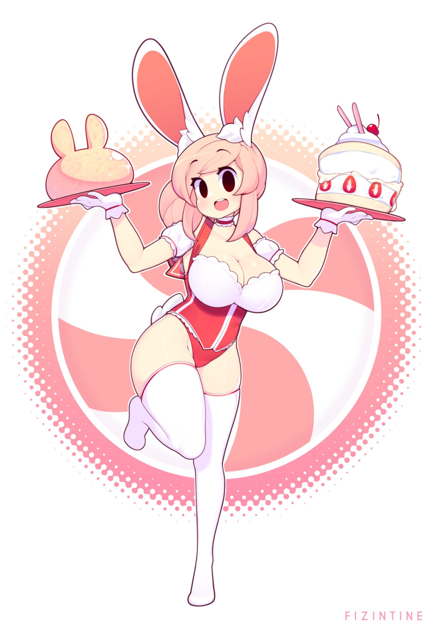1girl :d absurdres animal_ear_fluff animal_ears artist_name breasts bunny_ears bunny_tail cake cleavage commentary english_commentary fiz_(fizintine) fizintine food full_body gloves highres large_breasts leotard looking_at_viewer no_pupils open_mouth original pink_hair rabbit_girl smile solo standing standing_on_one_leg tail thighhighs tray white_gloves white_legwear