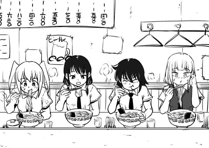 bangs beer_mug black_eyes black_hair blonde_hair blush breasts closed_eyes clothes_pin collared_shirt cup dish eating food highres katou_asuka kuroki_tomoko low_twintails messy_hair monochrome mug necktie nemoto_hina noodles parted_lips ramen restaurant rundoll2 school_uniform shirt small_breasts table tamura_yuri twintails watashi_ga_motenai_no_wa_dou_kangaetemo_omaera_ga_warui! white_shirt