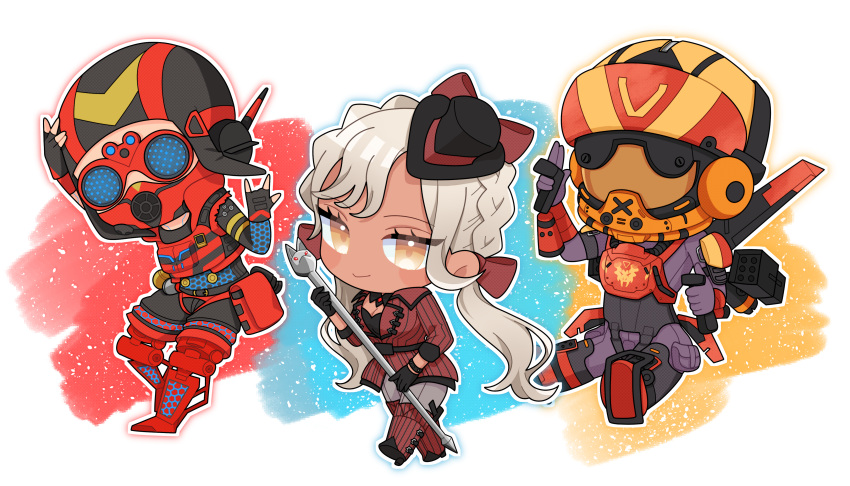 1boy 2girls \m/ absurdres animification apex_legends birthright_valkyrie black_gloves black_headwear bootlegger_loba boots bow breasts brown_eyes chibi cleavage dark-skinned_female dark_skin finger_gun fingerless_gloves gloves goggles hair_behind_ear hair_bow head_tilt helmet highres holding holding_staff jacket loba_(apex_legends) looking_at_viewer mechanical_legs mechanical_wings missile_pod multiple_girls natori_nato octane_(apex_legends) red_bow red_footwear red_jacket red_vest silver_hair smile staff valkyrie_(apex_legends) vest visor wings