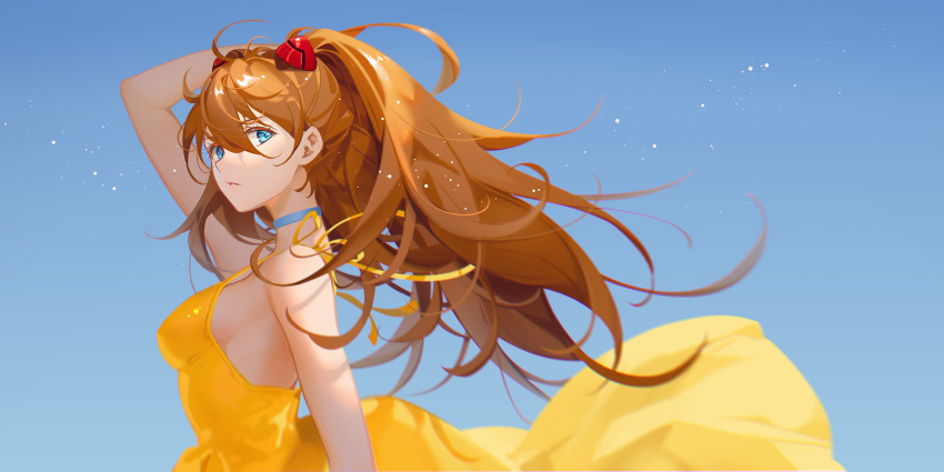 1girl ahoge blue_background blue_eyes choker dress eyebrows_visible_through_hair hair_ornament hairclip hand_in_hair highres light_particles looking_at_viewer neon_genesis_evangelion orange_hair parted_lips ribbon simple_background solo souryuu_asuka_langley sundress tidsean twintails yellow_dress