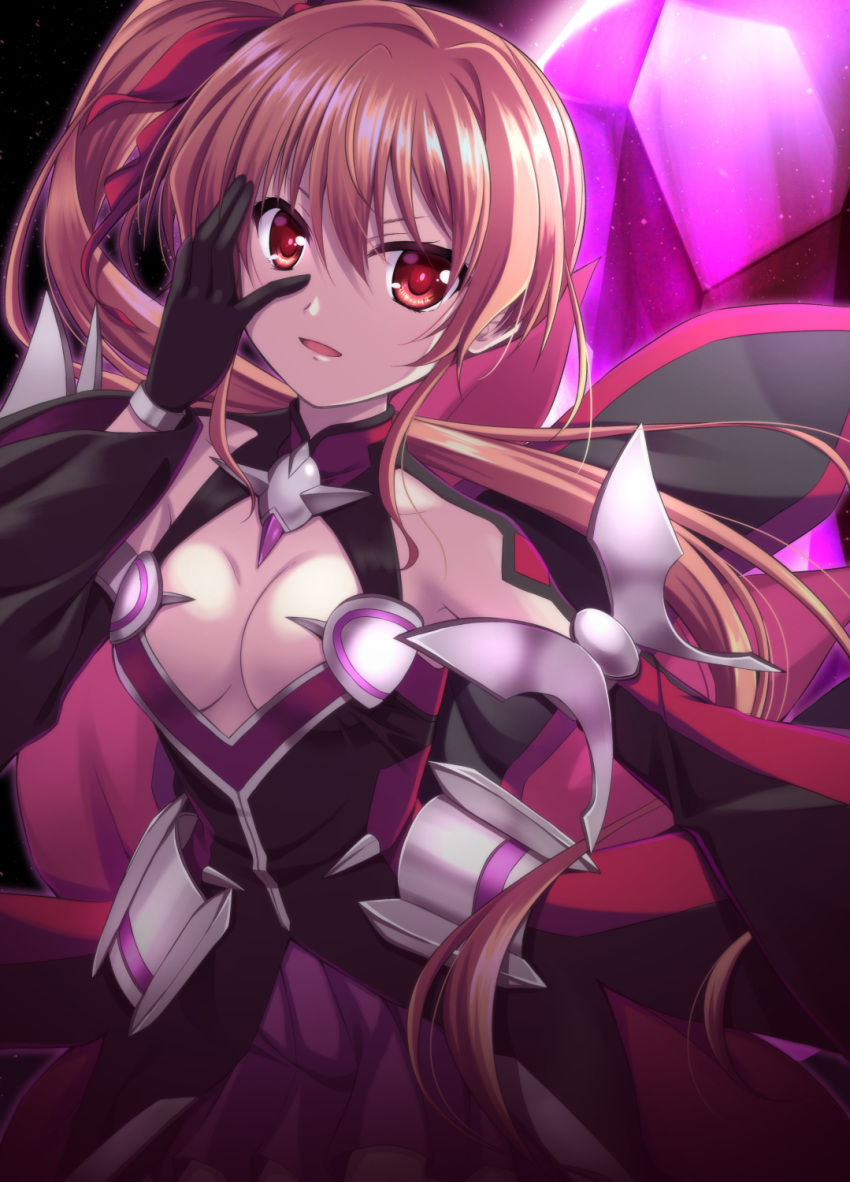 1girl armor armored_dress bangs black_gloves breasts cleavage_cutout clothing_cutout commentary_request dress endori gloves hair_ribbon hand_on_own_face highres iris_(nanoha) long_hair looking_at_viewer lyrical_nanoha mahou_shoujo_lyrical_nanoha_detonation medium_breasts open_mouth pink_hair red_dress red_eyes red_ribbon ribbon shoulder_cutout side_ponytail solo standing