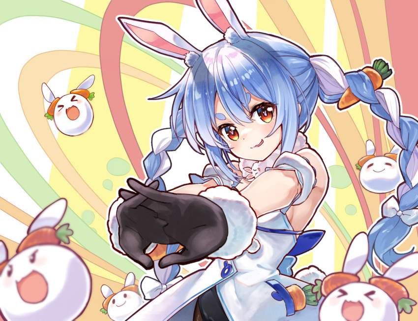 1girl animal_ear_fluff animal_ears arm_cuffs blue_hair braid bunny bunny-shaped_pupils bunny_ears bunny_tail carrot carrot_hair_ornament coat commentary_request don-chan_(usada_pekora) food-themed_hair_ornament fur-trimmed_coat fur-trimmed_gloves fur_scarf fur_trim gloves hair_ornament hololive long_hair looking_at_viewer multicolored_hair rabbit_girl sakino_shingetsu short_eyebrows strapless_coat tail thick_eyebrows twin_braids twintails two-tone_hair usada_pekora virtual_youtuber white_coat white_hair