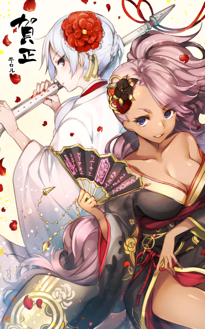 2girls :d arm_under_breasts bangs black_flower black_kimono breasts cinderella_(sinoalice) cleavage closed_mouth dark-skinned_female dark_skin fan flower frown hair_between_eyes hair_flower hair_ornament highres holding holding_polearm holding_spear holding_weapon japanese_clothes kimono looking_at_viewer multiple_girls nail_polish open_mouth petals polearm ponytail red_flower red_nails sinoalice smile snow_white_(sinoalice) spear teroru v-shaped_eyebrows weapon white_kimono