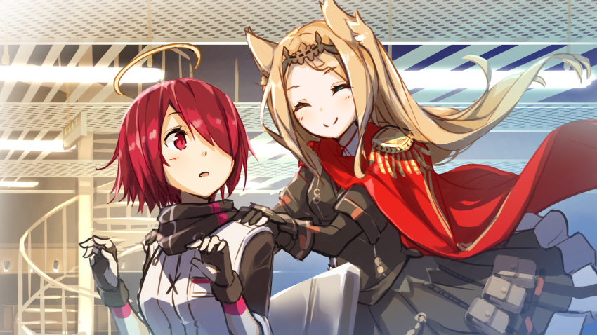2girls animal_ears archetto_(arknights) arknights blonde_hair cape exusiai_(arknights) fingerless_gloves gloves halo hands_on_another's_shoulders hellnyaa heterochromia highres long_hair multiple_girls open_mouth red_eyes red_hair short_hair skirt smile tiara