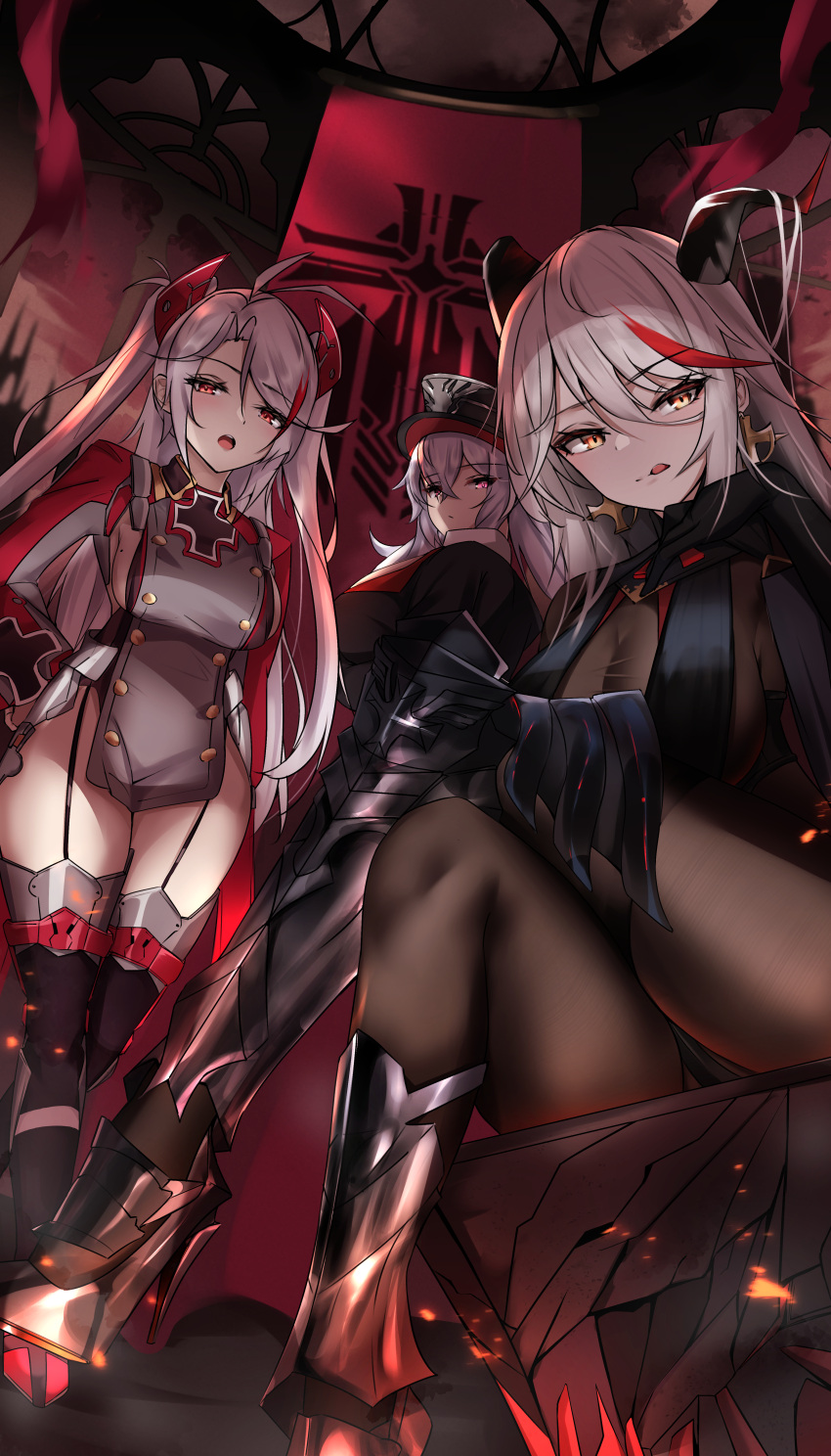 3girls absurdres aegir_(azur_lane) antenna_hair azur_lane bangs banner black_footwear bodystocking boots breasts cleavage crossed_bangs earrings eyebrows_visible_through_hair garter_straps graf_zeppelin_(azur_lane) hair_ornament hat highres huge_filesize iron_blood_(emblem) iron_cross jewelry kyle_(kysizzle) large_breasts licking_lips looking_at_viewer mole mole_on_breast multicolored_hair multiple_girls open_mouth peaked_cap prinz_eugen_(azur_lane) red_hair streaked_hair thighhighs thighs tongue tongue_out twintails white_hair yellow_eyes