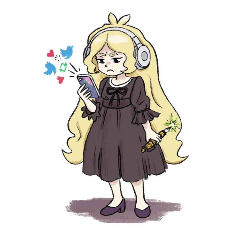 1girl ahoge arrow_(symbol) black_dress black_eyes black_footwear black_ribbon blonde_hair cellphone diana_cavendish dress english_commentary favorite_(meme) headphones highres holding holding_phone little_witch_academia long_hair looking_at_screen meme neck_ribbon phone retweet_(meme) ribbon simple_background solo standing truffleduster twitter_logo very_long_hair white_background