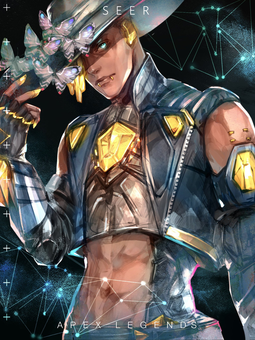 1boy abs apex_legends black_gloves black_headwear blonde_hair blue_eyes blue_jacket bug clothing_cutout copyright_name cropped_jacket dark-skinned_male dark_skin fingerless_gloves gloves glowing glowing_eye hair_over_one_eye hand_on_headwear hat highres hoja_(hoja1214) insect jacket lip_piercing male_focus moth navel one_eye_covered piercing seer_(apex_legends) sleeveless sleeveless_jacket solo stomach_cutout upper_body yellow_nails