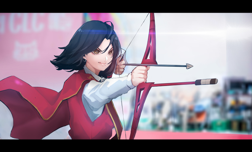 1girl absurdres aiming animification black_hair blurry blurry_background bow_(weapon) cape collared_shirt commentary cowlick eyeshadow floating_cape floating_hair highres holding holding_bow_(weapon) holding_weapon homuntan k-pop letterboxed licking_lips makeup medium_hair mole mole_under_mouth real_life red_cape red_eyeshadow red_vest shirt smile solo tongue tongue_out twice_(group) tzuyu_(twice) vest weapon white_shirt