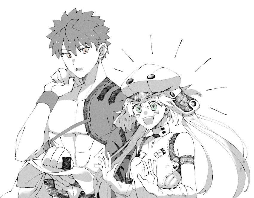 1boy 1girl artoria_pendragon_(all) artoria_pendragon_(caster)_(fate) emiya_shirou euhage73 eyebrows_visible_through_hair fate/grand_order fate_(series) food gloves green_eyes greyscale happy hat highres holding holding_food igote limited/zero_over monochrome onigiri open_mouth sengo_muramasa_(fate) simple_background smile spiked_hair spot_color toned toned_male upper_body white_background wristband yellow_eyes