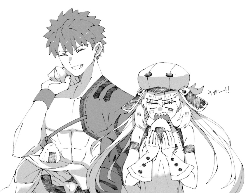 1boy 1girl artoria_pendragon_(all) artoria_pendragon_(caster)_(fate) blush closed_eyes eating emiya_shirou euhage73 eyebrows_visible_through_hair fate/grand_order fate_(series) food gloves greyscale grin hat highres holding holding_food igote limited/zero_over monochrome onigiri open_mouth sengo_muramasa_(fate) sharp_teeth simple_background smile spiked_hair teeth toned toned_male upper_body white_background wristband