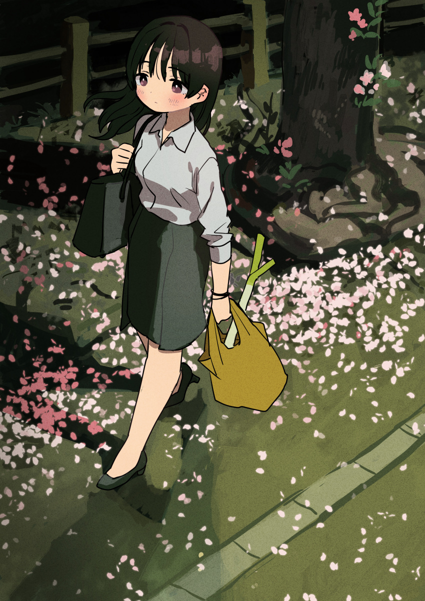 1girl absurdres bag bangs black_bag black_footwear black_hair black_skirt blush brown_bag collared_shirt full_body grey_shirt highres holding holding_bag leek long_hair long_sleeves original petals shadow shirt shoes shoulder_bag skirt solo walking zinbei