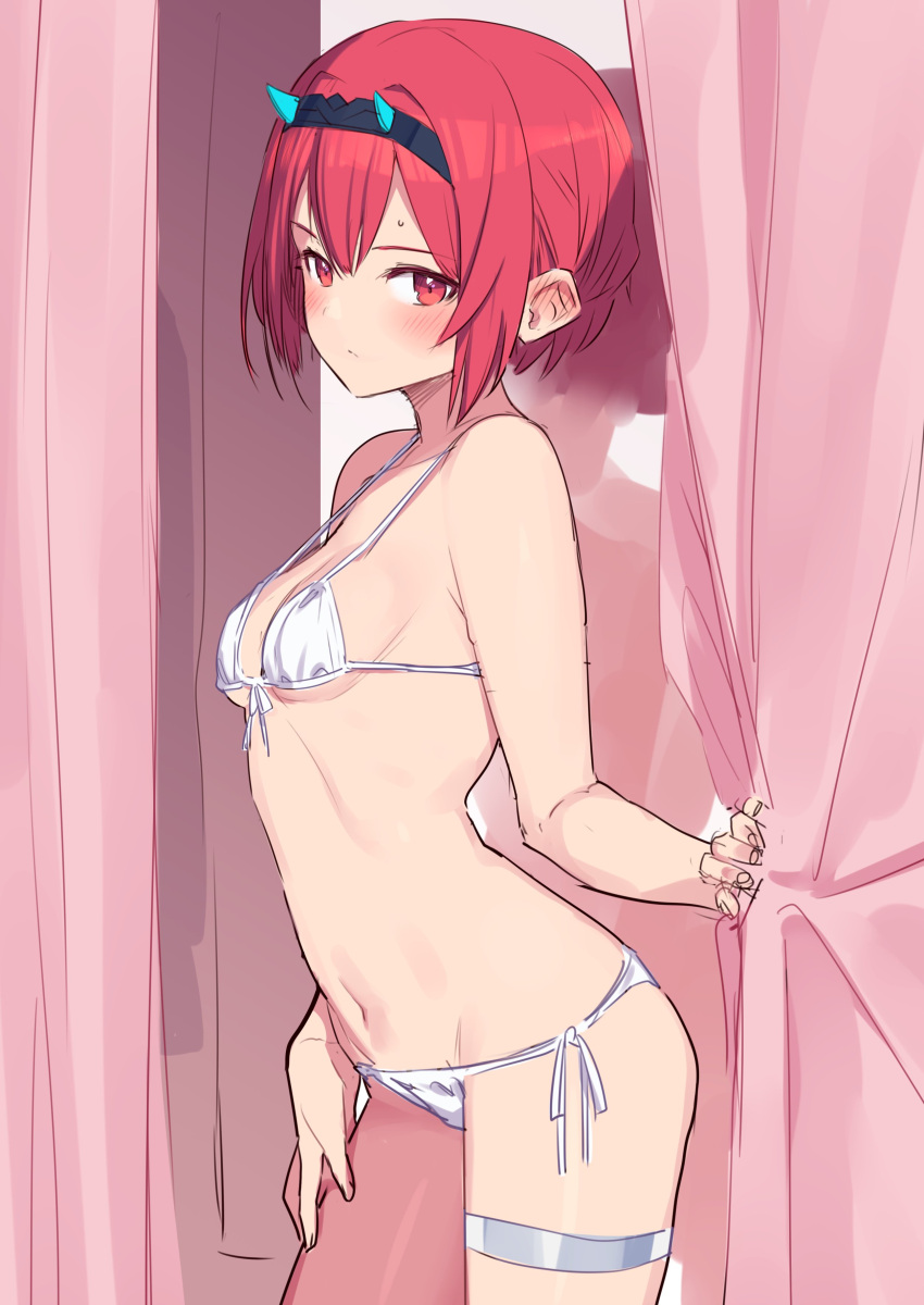 1girl absurdres bikini blush breasts changing_room commentary_request contrapposto copyright_request cowboy_shot ear_blush embarrassed from_side front-tie_bikini front-tie_top hairband highres hiraga_matsuri horns navel red_eyes red_hair short_hair side-tie_bikini sketch small_breasts solo strap_gap string_bikini sweatdrop swimsuit thigh_strap white_background
