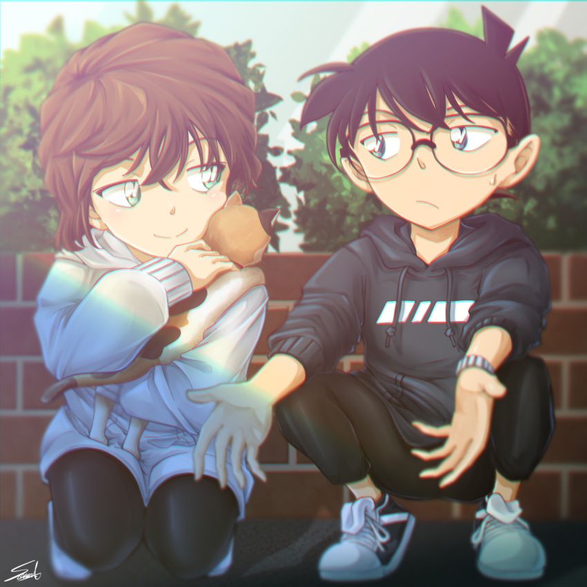 1boy 1girl animal black-framed_eyewear black_hoodie black_legwear black_pants blue_eyes blurry blurry_background brown_hair casual cat closed_mouth commentary_request depth_of_field drawstring edogawa_conan eye_contact eyebrows_visible_through_hair frown green_eyes haibara_ai hair_between_eyes highres holding holding_animal holding_cat hood hood_down hooded_jacket hoodie jacket long_sleeves looking_at_another meitantei_conan outstretched_hand pants pantyhose plant shoes short_hair short_sleeves signature smirk smug sneakers sooma4869 squatting sweatdrop watch white_jacket wristwatch