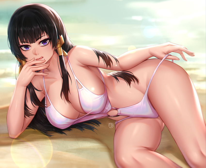 1girl bangs bare_shoulders beach black_hair breasts cleavage collarbone dead_or_alive dead_or_alive_5 hair_ornament highres hua-j large_breasts long_hair looking_at_viewer lying mole mole_under_mouth nyotengu o-ring on_side one-piece_swimsuit purple_eyes sidelocks smile solo swimsuit thighs white_swimsuit