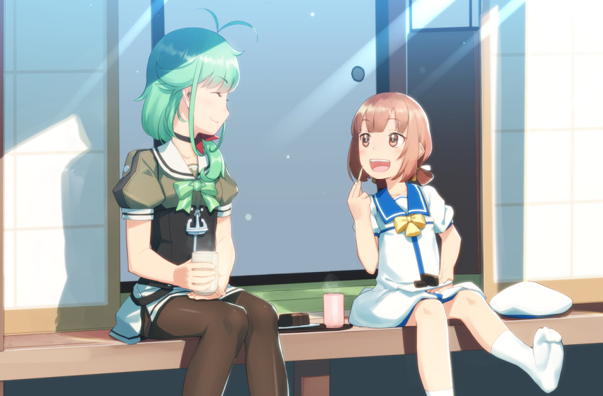 2girls antenna_hair bangs black_choker black_legwear blue_sailor_collar blush bow bowtie brown_eyes brown_hair choker closed_eyes cup day dress food gahaku green_hair green_neckwear hair_ribbon hair_rings hat hat_removed headwear_removed holding holding_cup kaiboukan_no._4_(kancolle) kantai_collection long_hair matsu_(kancolle) multiple_girls open_mouth outdoors pantyhose plate pointing pointing_at_self ponytail porch ribbon sailor_collar sailor_dress school_uniform serafuku short_sleeves sitting skirt smile socks white_legwear white_sailor_collar yellow_neckwear yunomi