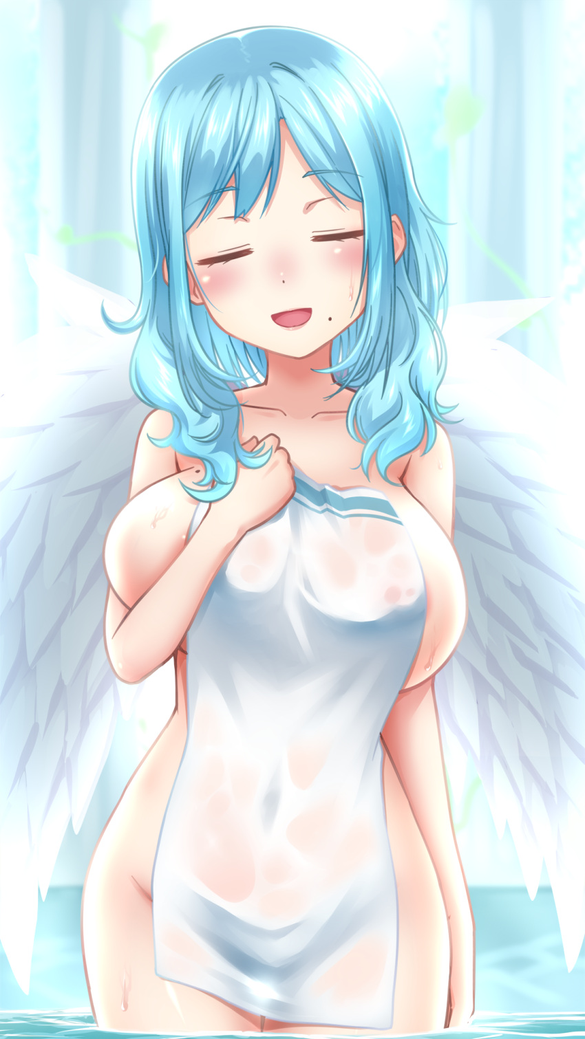 1girl angel angel_wings blue_hair breasts closed_eyes eyebrows_visible_through_hair goriate highres large_breasts medium_hair moira_(nijisanji) mole mole_on_breast mole_under_mouth naked_towel nijisanji open_mouth solo towel virtual_youtuber wet wings