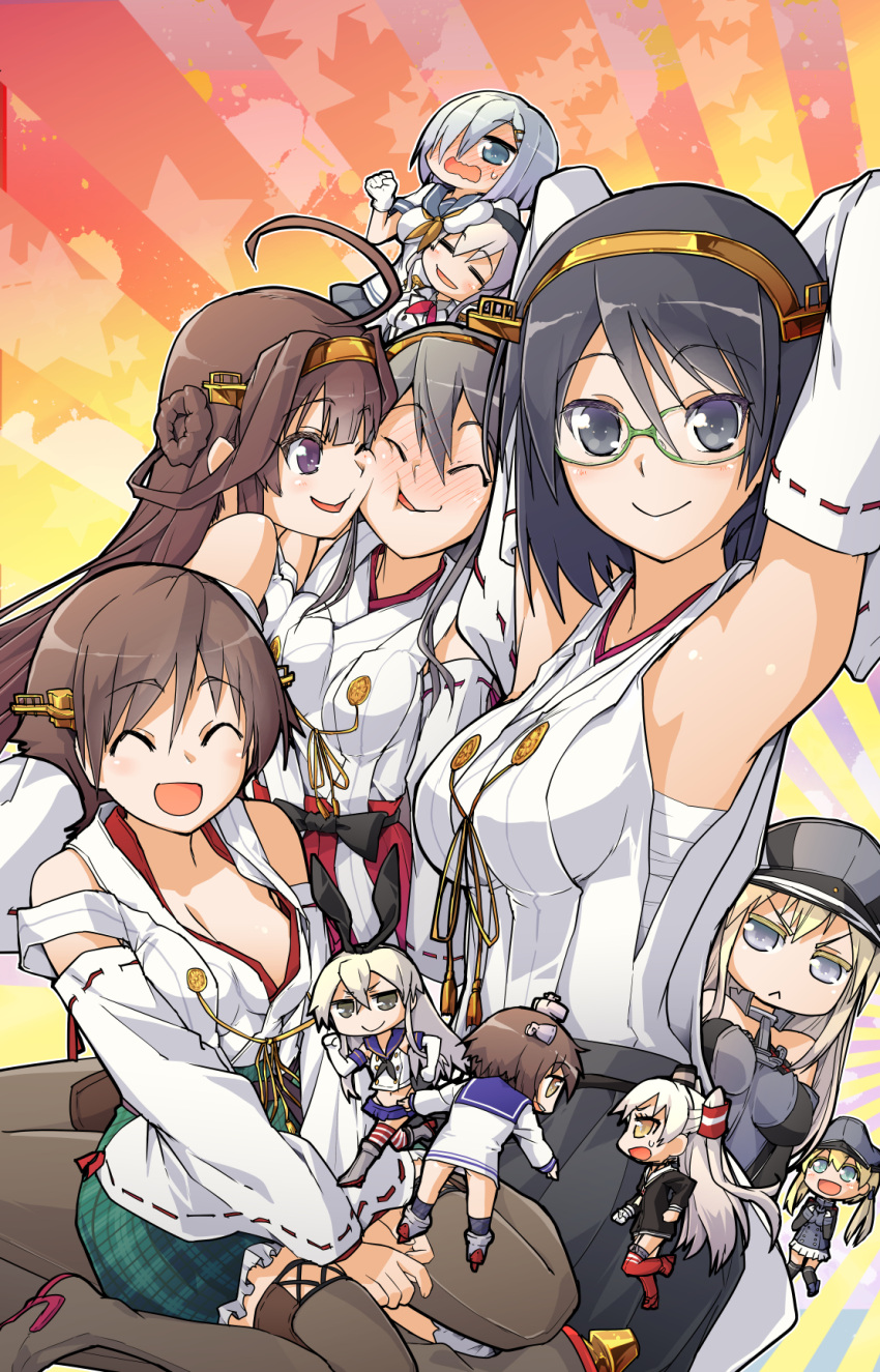 6+girls :&lt; =_= ^_^ ^o^ ahoge amatsukaze_(kancolle) bare_shoulders beret bismarck_(kancolle) black_dress black_hair black_headwear black_legwear black_neckwear black_panties black_skirt blonde_hair blue_eyes blue_sailor_collar blush brown_hair closed_eyes closed_mouth collared_shirt commentary_request crop_top detached_sleeves double_bun dress eyebrows_visible_through_hair glasses gloves green-framed_eyewear green_skirt grey_eyes grey_shirt grey_skirt hair_between_eyes hair_ornament hair_over_one_eye hair_tubes hairband hairclip hamakaze_(kancolle) haruna_(kancolle) hat headgear hiei_(kancolle) highleg highleg_panties highres jacket japanese_clothes kantai_collection kashima_(kancolle) kerchief kirishima_(kancolle) kongou_(kancolle) long_hair long_sleeves low_twintails military military_hat military_uniform miniskirt multiple_girls neckerchief nontraditional_miko open_mouth panties peaked_cap pleated_skirt prinz_eugen_(kancolle) purple_eyes red_neckwear red_skirt remodel_(kantai_collection) ribbon-trimmed_sleeves ribbon_trim rudder_footwear sailor_collar sailor_dress sarashi school_uniform serafuku shimakaze_(kancolle) shirt short_hair short_sleeves silver_hair skirt sleeveless smile striped striped_legwear thighhighs twintails two_side_up underwear uniform wavy_mouth white_dress white_gloves white_jacket white_skirt wide_sleeves windsock yellow_eyes yellow_neckwear yukikaze_(kancolle) yuugo_(atmosphere)