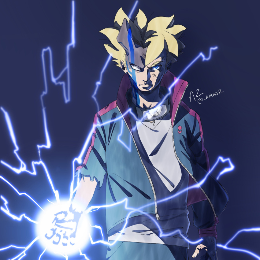 1boy absurdres blonde_hair blue_eyes boruto:_naruto_next_generations byakugan child cowboy_shot facial_mark fighting_stance forehead_protector frown highres horns jacket lightning looking_at_viewer male_focus naruto_(series) ootsutsuki_momoshiki open_clothes open_jacket rasengan ross_(doodlrenzo) serious short_hair single_horn solo spoilers torn_jacket uzumaki_boruto wind