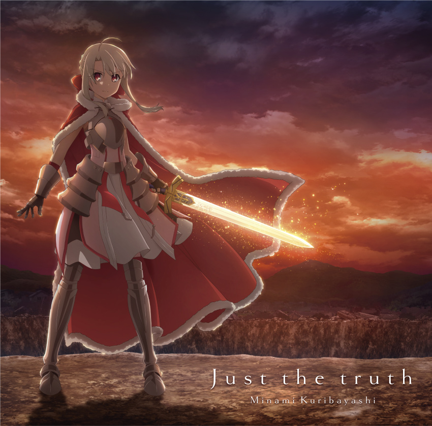 1girl ahoge albino album_cover artoria_pendragon_(all) canyon cosplay cover dusk fate/kaleid_liner_prisma_illya fate_(series) full_body highres holding holding_sword holding_weapon illyasviel_von_einzbern looking_at_viewer mountain official_art orange_sky red_eyes saber saber_(cosplay) sky solo sword twilight weapon white_hair
