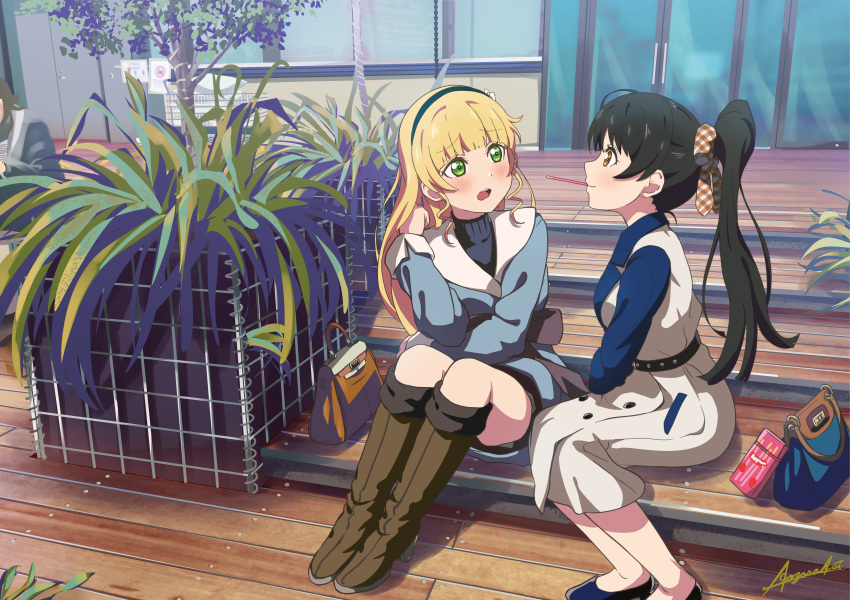 2girls absurdres al_aoi_aoba bag bangs black_hair blonde_hair blunt_bangs blush dress embarrassed eyebrows_visible_through_hair food furrowed_brow green_eyes green_hairband hairband handbag hazuki_ren heanna_sumire highres huge_filesize jacket knees_up long_hair love_live! love_live!_superstar!! mouth_hold multiple_girls open_mouth plant pocky ponytail shoes shy sitting stairs strawberry_pocky sweater tree turtleneck turtleneck_sweater yellow_eyes