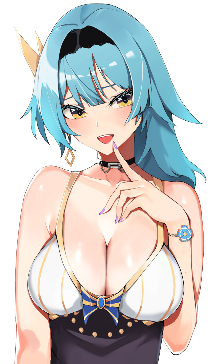 1girl :d bangs bare_shoulders black_hairband blue_hair breasts cleavage collar collarbone earrings eula_(genshin_impact) finger_to_mouth genshin_impact hairband hand_on_own_chest highres jewelry large_breasts long_hair looking_at_viewer mutsu_ane_daisuki nail_polish open_mouth purple_nails single_earring sleeveless smile solo underbust upper_body wristband yellow_eyes