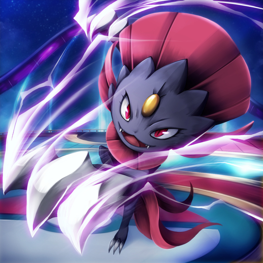 000hassy arm_up claws commentary_request eyebrows_visible_through_hair fangs gen_4_pokemon highres mouth open_mouth pink_eyes pokemon pokemon_(creature) smile tagme weavile