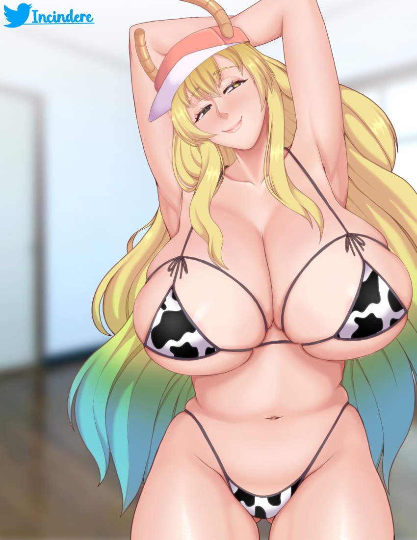 absurdres animal_print breasts cow_print curvy dragon_girl heterochromia highres horns huge_breasts incindere kobayashi-san_chi_no_maidragon large_breasts long_hair meme plump quetzalcoatl_(maidragon) smile smirk thick_thighs thighs