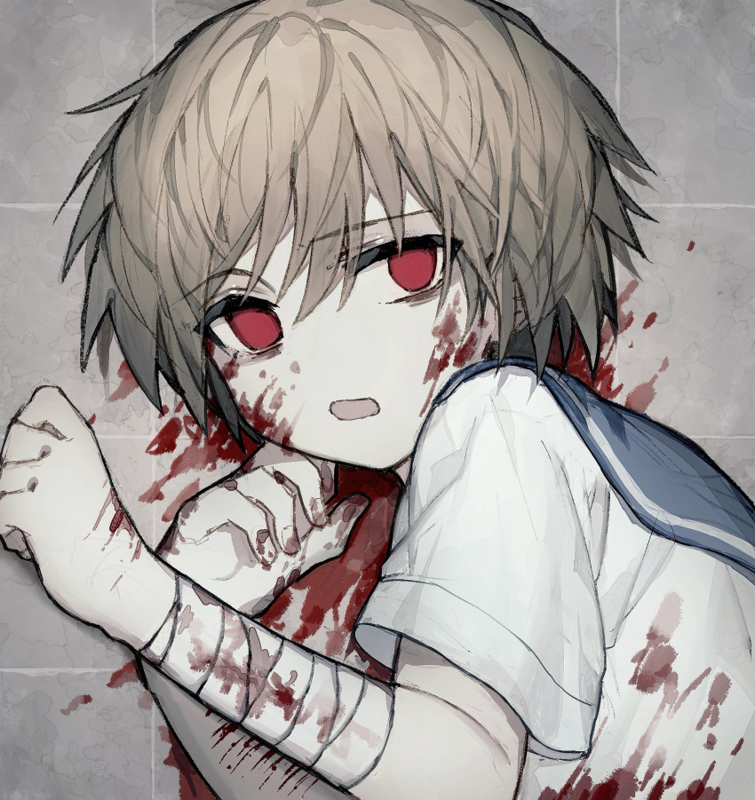 1boy bandaged_arm bandages bangs blood blood_on_face blood_on_ground bloody_bandages bloody_clothes bloody_hands blue_sailor_collar commentary_request crossdressing deep_(deep4946) eyebrows_visible_through_hair from_above highres injury light_brown_hair looking_at_viewer male_focus nagisa_kaworu neon_genesis_evangelion no_pupils on_ground open_mouth otoko_no_ko red_eyes sailor_collar school_uniform self_harm serafuku shirt short_hair short_sleeves solo tile_floor tiles white_shirt