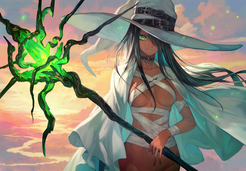 1girl backlighting bandages black_hair breasts choker closed_mouth cloud cloudy_sky dark_skin dusk green_eyes hair_over_one_eye hat highres lack long_hair medium_breasts naked_bandage non-web_source original out-of-frame_censoring outdoors revealing_clothes sky smile solo staff sunset very_long_hair white_witch_(lack) witch_hat