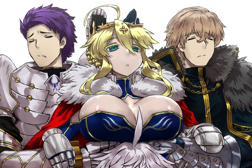 1girl 3boys ahoge artoria_pendragon_(all) artoria_pendragon_(lancer)_(fate) bangs blonde_hair blue_leotard braid breasts cape cleavage closed_eyes closed_mouth crown doodle fate/grand_order fate_(series) french_braid fur-trimmed_cape fur_trim gawain_(fate) green_eyes hair_between_eyes haraya_manawari knights_of_the_round_table_(fate) lancelot_(fate/grand_order) large_breasts leotard merlin_(fate) multiple_boys purple_hair shuumatsu_no_valkyrie sidelocks swept_bangs white_hair