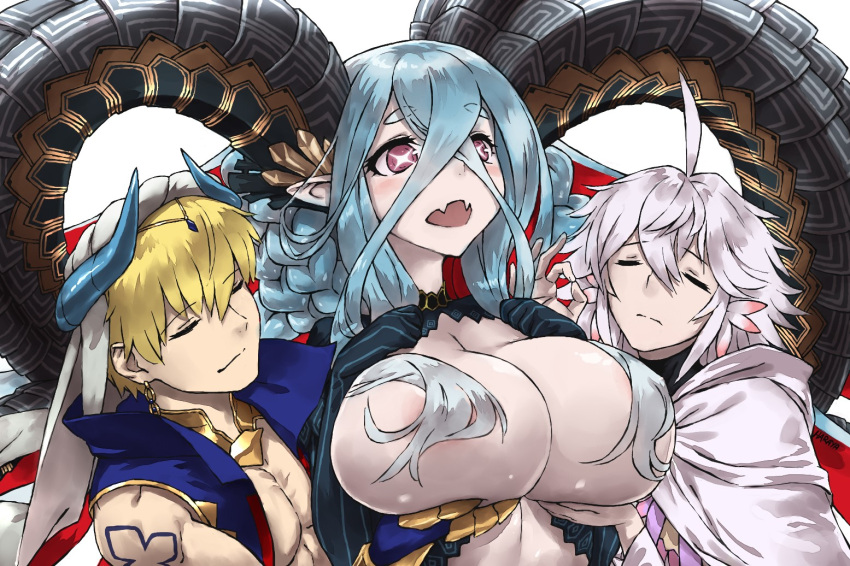 +_+ 1girl 2boys arabian_clothes areola_slip areolae bangs blonde_hair blush breasts cleavage closed_eyes convenient_censoring cropped_vest crossed_bangs curled_horns doodle fangs fate/grand_order fate_(series) gilgamesh_(caster)_(fate) gilgamesh_(fate) green_hair hair_censor hair_over_breasts haraya_manawari horns large_breasts long_hair long_horns merlin_(fate) multiple_boys navel no_bra ok_sign open_mouth pointy_ears red_eyes shuumatsu_no_valkyrie symbol-shaped_pupils tiamat_(fate) turban vertical-striped_gloves very_long_hair vest white_robe