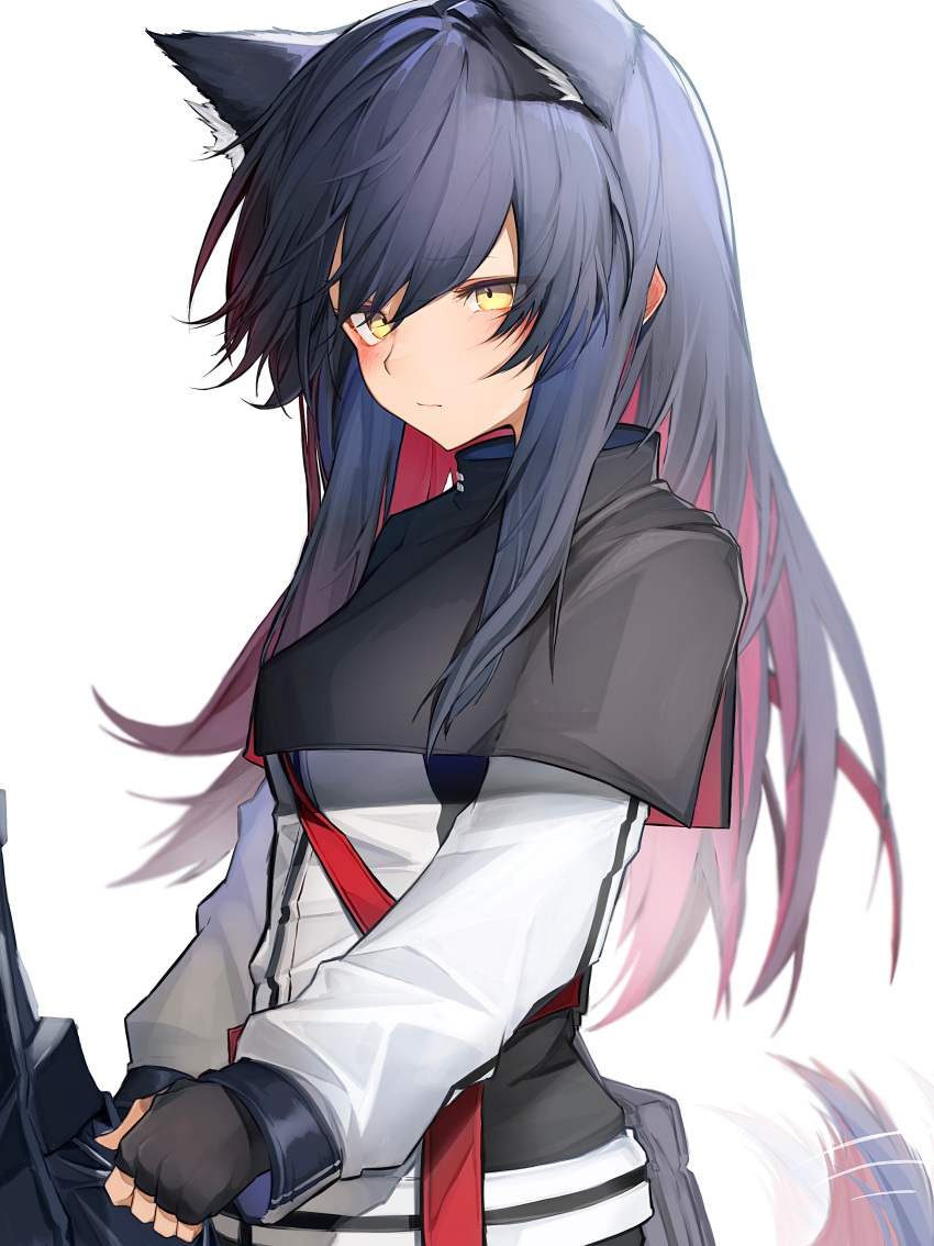 1girl 1other absurdres animal_ear_fluff animal_ears arknights black_capelet black_gloves black_hair blush breasts capelet closed_mouth clothes_tug colored_inner_hair cowboy_shot doctor_(arknights) fingerless_gloves gloves highres jacket long_hair long_sleeves motion_lines multicolored_hair red_hair sidelocks simple_background small_breasts solo solo_focus tab_head tail tail_wagging texas_(arknights) two-tone_hair white_background white_jacket wolf_ears wolf_girl wolf_tail