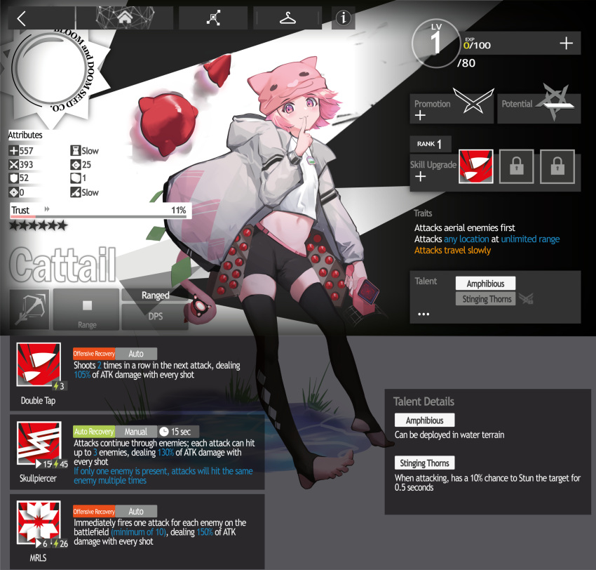 1boy :3 androgynous arknights barefoot beanie blush cat_tail cattail_(plants_vs_zombies) fake_screenshot finger_to_mouth grey_hoodie hat highres hood hoodie jewelry long_sleeves midriff missile missile_pod navel necklace otoko_no_ko parody personification pink_eyes pink_hair pink_headwear plants_vs_zombies pompmaker1 radar short_hair short_shorts shorts soles stirrup_legwear striped tail tank_top toeless_legwear toes water weapon weeds white_tank_top