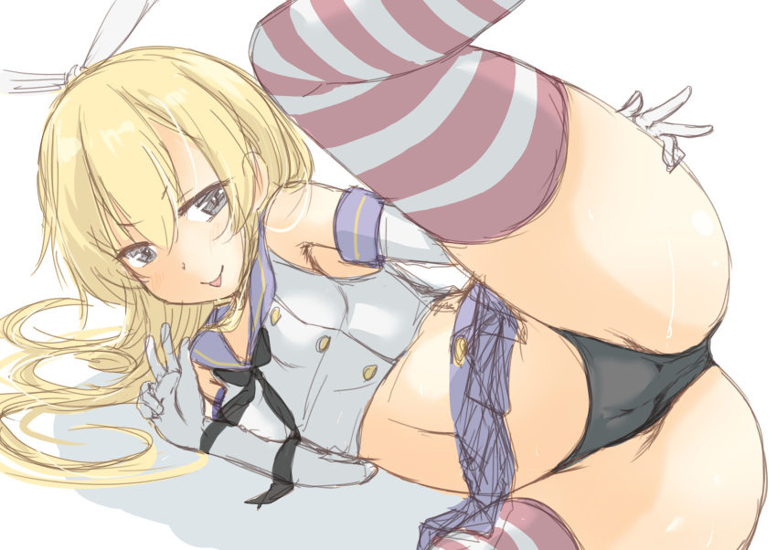 1girl black_hairband black_neckwear black_panties blonde_hair blue_sailor_collar blue_skirt commentary_request crop_top dress elbow_gloves fyuo gloves grey_eyes hairband highleg highleg_panties highres kantai_collection leg_up long_hair looking_at_viewer lying microskirt miniskirt neckerchief on_side panties pleated_dress sailor_collar shimakaze_(kancolle) simple_background skirt solo striped striped_legwear thighhighs tongue tongue_out underwear v white_background white_gloves