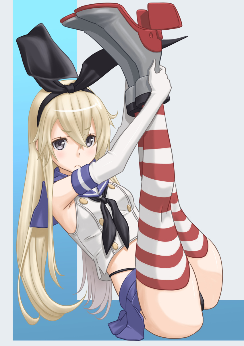 1girl anchor_hair_ornament black_hairband black_neckwear black_panties blonde_hair blue_sailor_collar blue_skirt commentary_request crop_top elbow_gloves gloves grey_eyes hair_ornament hairband highleg highleg_panties highres kantai_collection legs_up long_hair looking_at_viewer microskirt miniskirt neckerchief panties pleated_skirt rudder_footwear sailor_collar shimakaze_(kancolle) sitting skirt solo striped striped_legwear t2r thighhighs underwear white_gloves