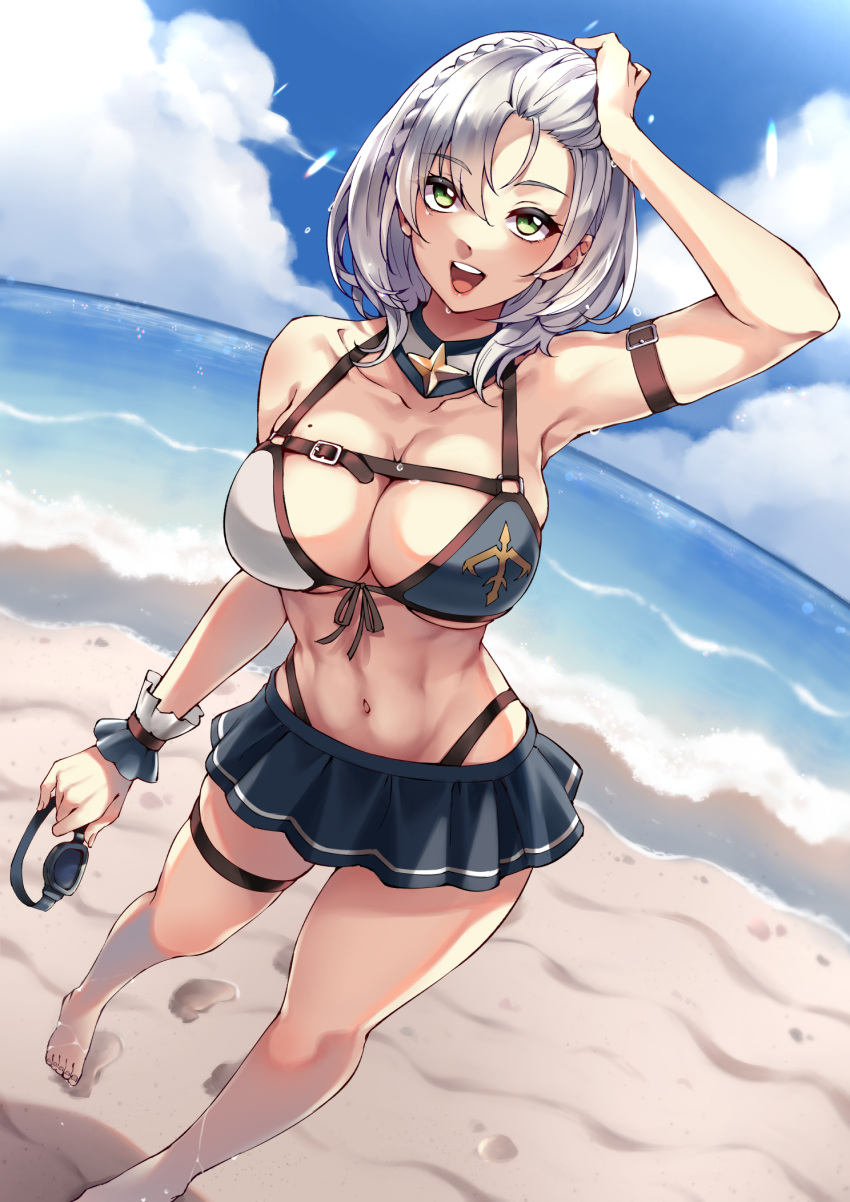1girl :d abs arm_belt arm_up armpits bangs bare_shoulders barefoot beach bikini bikini_skirt blue_bikini blue_collar blue_skirt blue_sky blush braid breasts chest_belt cleavage cloud collar collarbone commentary contrapposto day eyebrows_visible_through_hair footprints french_braid front-tie_bikini front-tie_top goggles green_eyes groin hair_between_eyes hair_pulled_back highleg highleg_bikini highres holding holding_goggles hololive large_breasts lens_flare looking_at_viewer mibry_(phrysm) mole mole_on_breast navel ocean open_mouth outdoors pleated_skirt shadow shirogane_noel short_hair sidelocks silver_hair skindentation skirt sky smile solo standing stomach swimsuit thigh_strap two-tone_bikini underboob upper_teeth virtual_youtuber wet white_bikini wrist_cuffs
