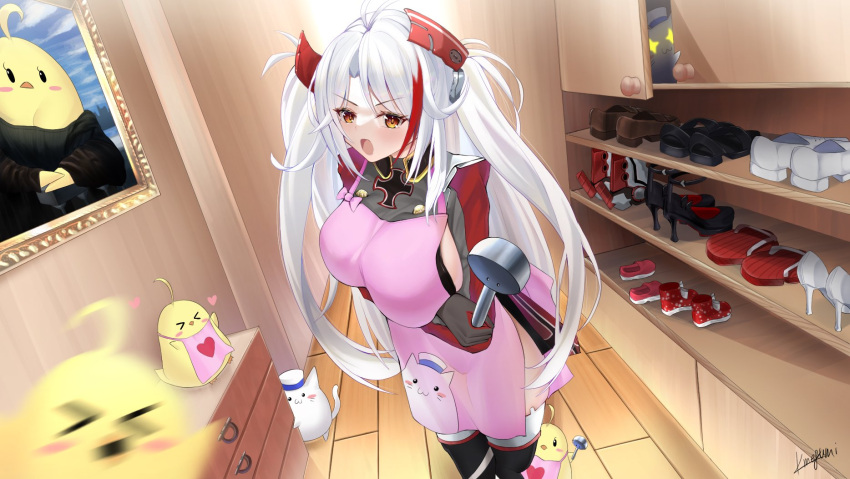 &gt;_&lt; +_+ 1girl antenna_hair apron azur_lane bangs black_legwear blush blush_stickers breasts buttons cabinet character_print commentary_request cowboy_shot crossed_arms doorway double-breasted dress eyebrows_visible_through_hair fine_art_parody gloves grey_dress grey_gloves hair_between_eyes headgear heart hiding highres holding indoors iron_cross large_breasts long_hair long_sleeves looking_at_viewer manjuu_(azur_lane) megumi_kei meowfficer_(azur_lane) mona_lisa motion_blur multicolored_hair open_mouth orange_eyes painting_(object) parody photobomb pink_apron prinz_eugen_(azur_lane) red_hair red_sleeves sandals shadow shoes side_cutout sideboob sidelocks signature skindentation soup_ladle standing streaked_hair swept_bangs thighhighs two_side_up very_long_hair white_hair