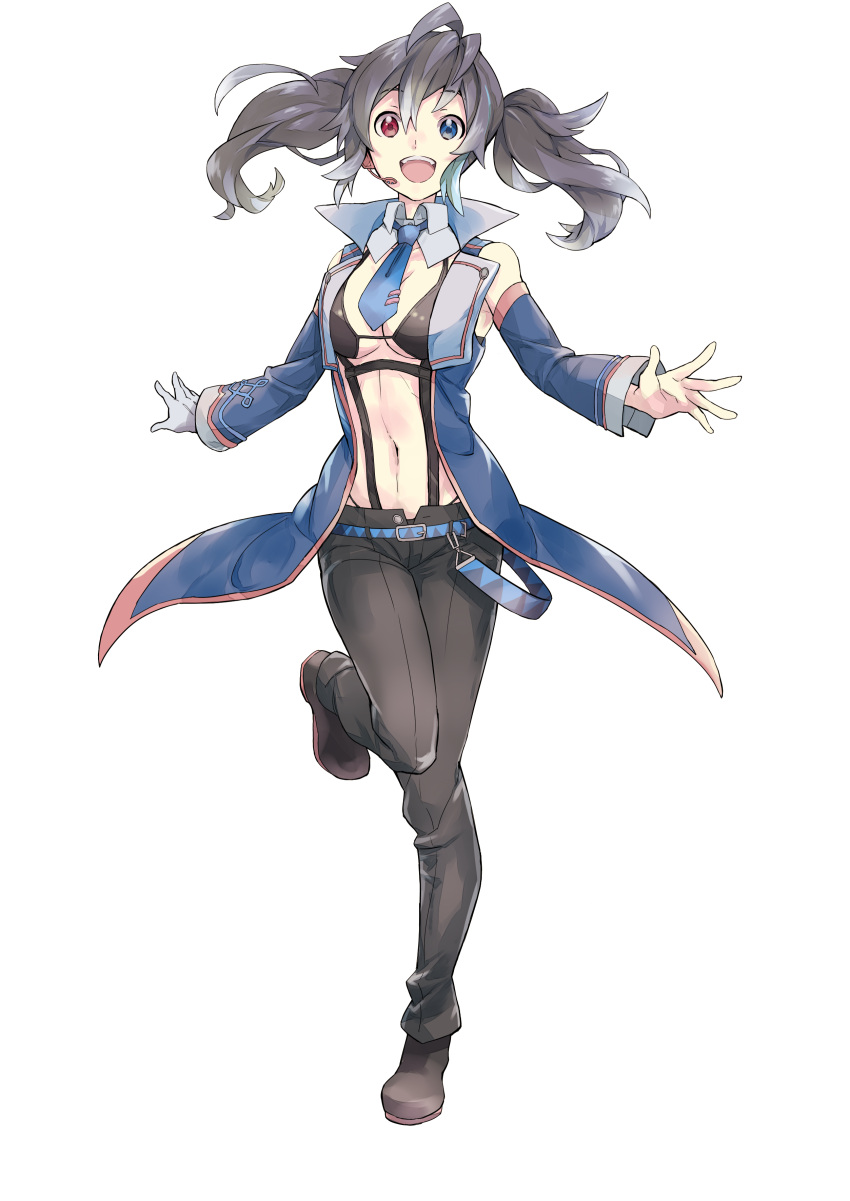 1girl :d absurdres ahoge artist_request belt black_bra black_hair black_panties black_pants blue_belt blue_eyes blue_hair blue_jacket blue_neckwear bra breasts brown_footwear cleavage detached_collar detached_sleeves eyebrows_visible_through_hair foot_up full_body gloves hair_between_eyes harness headset heterochromia highres jacket long_sleeves looking_at_viewer medium_breasts multicolored_hair navel necktie official_art open_clothes open_fly open_jacket open_mouth outstretched_arms panties pants panty_peek red_eyes shoes single_glove smile solo spread_fingers standing standing_on_one_leg streaked_hair tachi-e tie_clip transparent_background twintails unbuttoned underwear upper_teeth utau white_gloves yokune_ruko