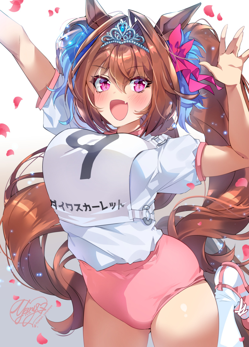 1girl :d absurdres animal_ears arms_up blush breasts brown_hair daiwa_scarlet_(umamusume) eyebrows_visible_through_hair fang hair_intakes heart highres horse_ears horse_girl horse_tail large_breasts long_hair looking_at_viewer numbered o-ring ogino_atsuki open_mouth petals pink_eyes signature simple_background skin_fang smile solo tail tiara translation_request twintails twitter_username umamusume very_long_hair white_background