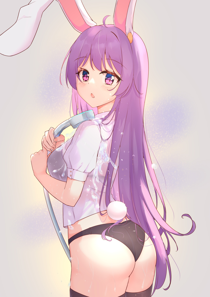 1girl :o absurdres ahoge animal_ears ass black_bra black_legwear black_panties bra bunny_ears bunny_tail diving_penguin grey_background highres holding hose long_hair looking_at_viewer looking_back no_pants panties puffy_short_sleeves puffy_sleeves purple_eyes purple_hair rabbit_girl reisen_udongein_inaba see-through shirt short_sleeves smile solo tail thighhighs touhou underwear water wet wet_clothes wet_shirt