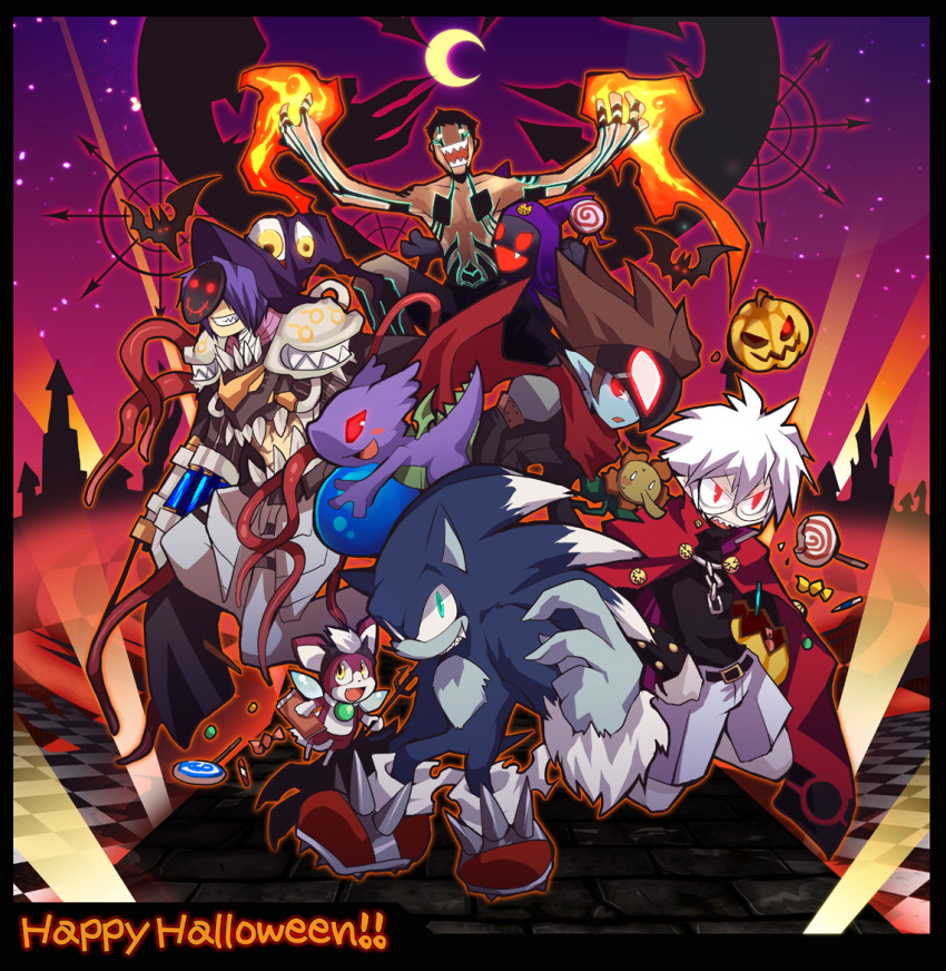 6+boys armor bangs bat black_border black_shirt bokura_no_taiyou border brown_hair candy chain character_request checkered checkered_floor closed_mouth commentary_request copyright_request crescent_moon crossover disgaea dragon_chronicle emon-yu fangs fire food full_body furry gauntlets genetic_(ragnarok_online) glasses green_eyes grin hair_between_eyes halloween happy_halloween hat hitoshura jack-o'-lantern jack_frost living_clothes lollipop looking_afar looking_at_viewer looking_to_the_side magic makai_senki_disgaea male_focus mask mask_on_head medium_hair moon multiple_boys multiple_crossover open_mouth otenko pauldrons pumpkin purple_headwear ragnarok_online red_eyes red_footwear sharp_teeth shin_megami_tensei shin_megami_tensei_iii:_nocturne shirt shirtless short_hair shorts shoulder_armor sky smile sonic_(series) sonic_the_hedgehog sonic_world_adventure star_(sky) starry_sky teeth vial white_hair white_shorts witch_hat wrapped_candy
