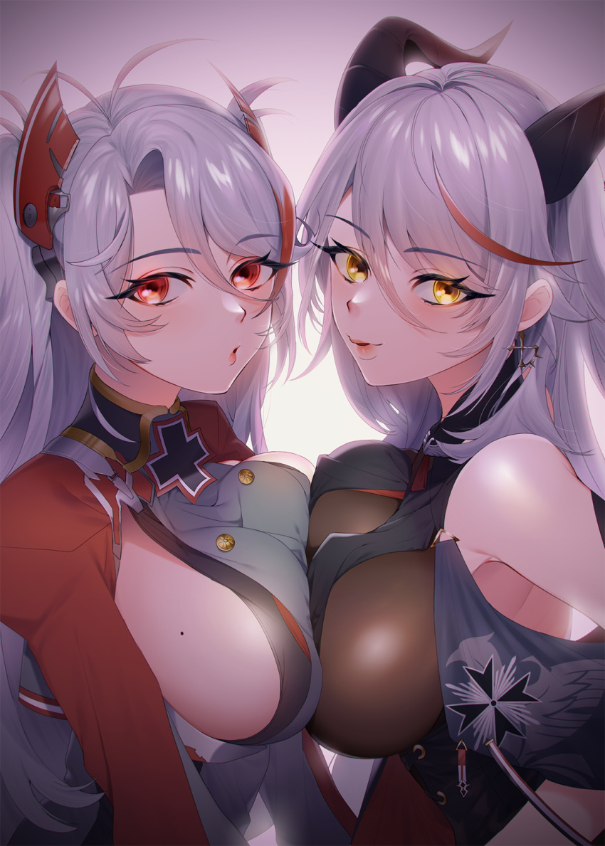 2girls aegir_(azur_lane) azur_lane bare_shoulders black_cape bodystocking breast_curtains breast_press breasts buttons cape cross cross_earrings demon_horns earrings eyebrows_visible_through_hair headgear highres horns impossible_clothes iron_cross jewelry long_hair looking_at_viewer medal mimiko_(fuji_310) mole mole_on_breast multicolored_hair multiple_girls prinz_eugen_(azur_lane) purple_background red_eyes red_hair sideboob simple_background streaked_hair symmetrical_docking twintails two-tone_hair white_hair yellow_eyes