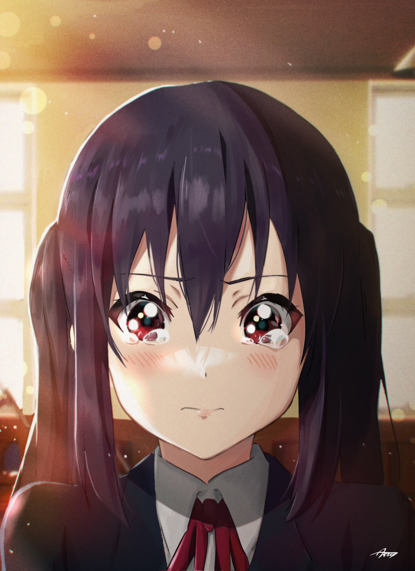 1girl absurdres black_hair blush face highres huge_filesize k-on! long_hair nakano_azusa red_eyes solo tearing_up tears twintails verse